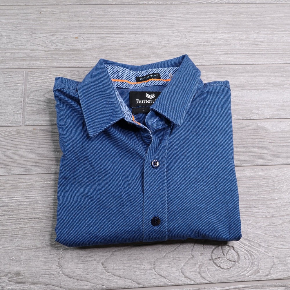 Buttercloth Icy Cotton Slim Fit SS Button Down Shirt Men's L Blue